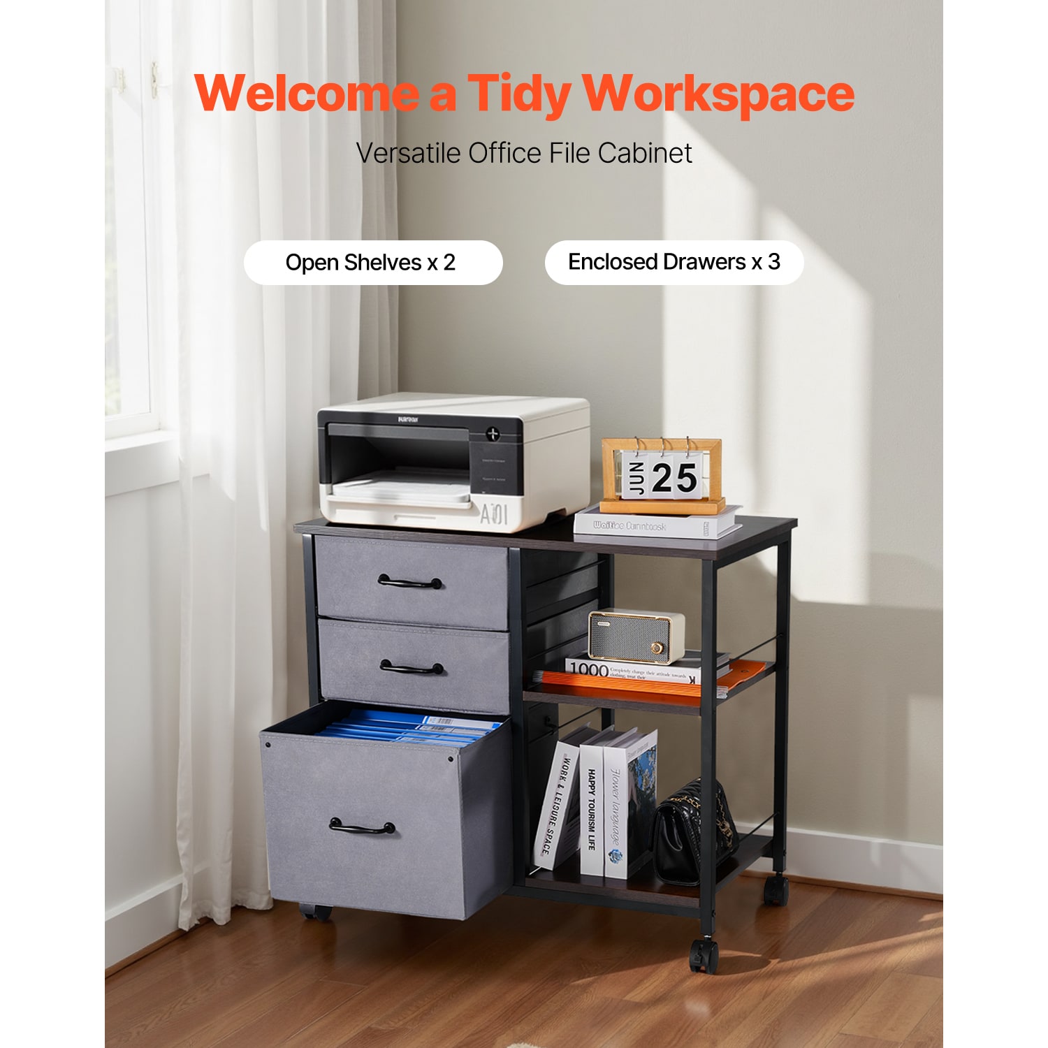 Mobile Metal File Cabinet With 3 Fabric Drawers And 2 Open Shelves Brown_maomaolike.com